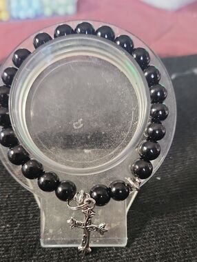 Black Beaded Bracelet with Silver Cross Charm